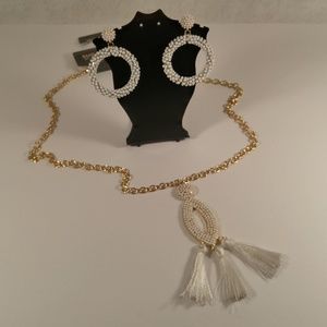 Necklace earring set gold white tassel pendant